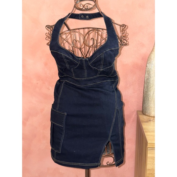 Urban Outfitters Dresses & Skirts - Urban Outfitters Dark Wash Denim Halter Mini Dress Corset Cargo Navy Blue M